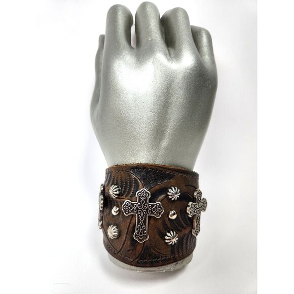 American West Tooled Leather Cross Cuff Bracelet Brown Silver Studded Boho - Picture 3 of 7